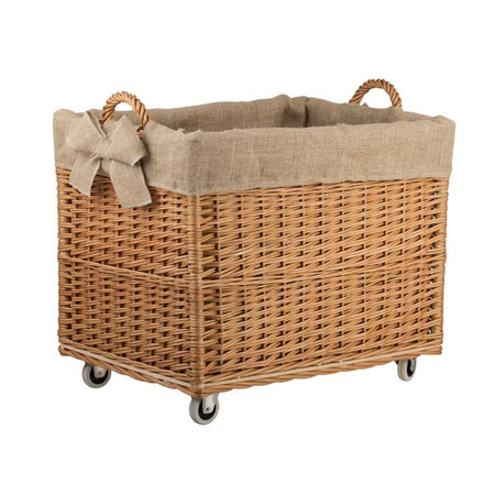 WICKER Rectangular BASKET for Firewood on WHEELS JUTE LINED handmade decorative 63x43 H46/52 cm
