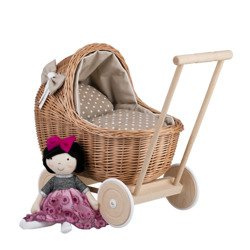 LILI Landau poussette en osier pour poupée avec literie beige 55x30 H45 cm