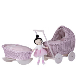 LILI Toy set Wicker Stroller and doll cradle with Bedding 55X30 H45 / 46X28 H25 cm