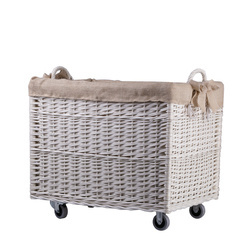 Panier à linge rectangle en osier avec roulettes et doublure en jute 63x43 H46/52 cm