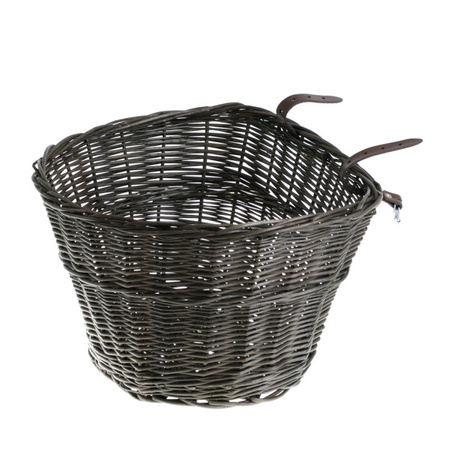Wicker dark painted Bike Basket bike accessories handmade with lether strips 42x37 H24 cm