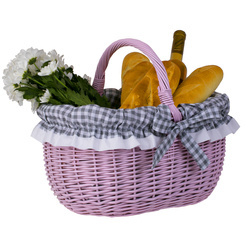 DECORATIVE PINK PAINTED WICKER SHOPPING BASKET HANDMADE LINED 42X34 H23/36 CM