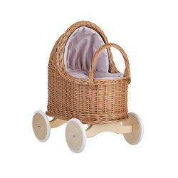 LARA DOLL CARRIAGE WICKER STROLLER DOLL PRAM WITH BEIGE BEDDING 50x30 H47/60 cm