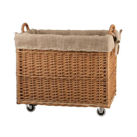 WICKER Rectangular BASKET for Firewood on WHEELS JUTE LINED handmade decorative 63x43 H46/52 cm