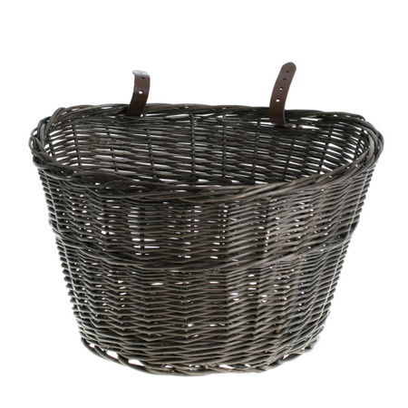 Wicker dark painted Bike Basket bike accessories handmade with lether strips 42x37 H24 cm