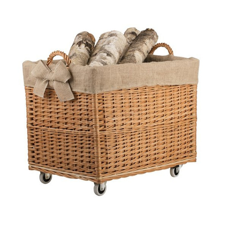WICKER Rectangular BASKET for Firewood on WHEELS JUTE LINED handmade decorative 63x43 H46/52 cm
