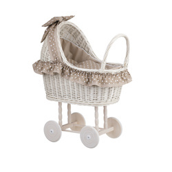 LULU DOLL CARRIAGE,WICKER STROLLER DOLL PRAM WITH Pink BEDDING 55X30 H57 CM