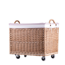 Panier à linge rectangle en osier avec roulettes et doublure rose 63x43 H46/52 cm