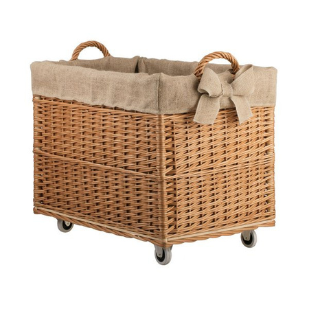 WICKER Rectangular BASKET for Firewood on WHEELS JUTE LINED handmade decorative 63x43 H46/52 cm