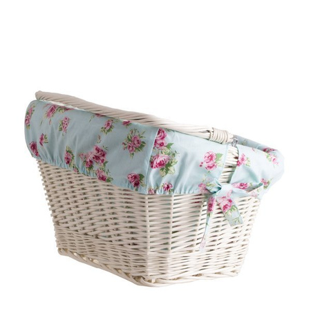 WHITEWASHED WICKER BIKE BASKET RETRO VINTAGE HANDMADE LINED 46X34 H23/28 CM