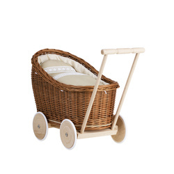 LUNA DOLL CARRIAGE WICKER STROLLER DOLL PRAM WITH BEIGE BEDDING 60X30 H45 cm