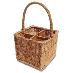 WHITEWASHED WICKER FOUR BOTTLE BASKET BOTTLE BAG HANDMADE 28X28 H23 CM