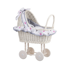 LULU DOLL CARRIAGE,WICKER STROLLER DOLL PRAM WITH Pink BEDDING  55X30 H57 CM