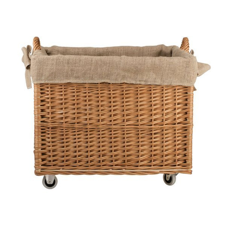 WICKER Rectangular BASKET for Firewood on WHEELS JUTE LINED handmade decorative 63x43 H46/52 cm