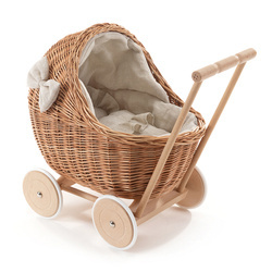 DESAYER PUPPENWAGEN AUS WEIDE MIT LEINEN BETTWÄSCHE, SPIELZEUG AUS WEIDEN, NATÜRLICHE KINDERSPIELZEUG (Gelb)