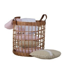 Panier rond en osier naturel avec deux anses en cuir Ø38 H38 cm